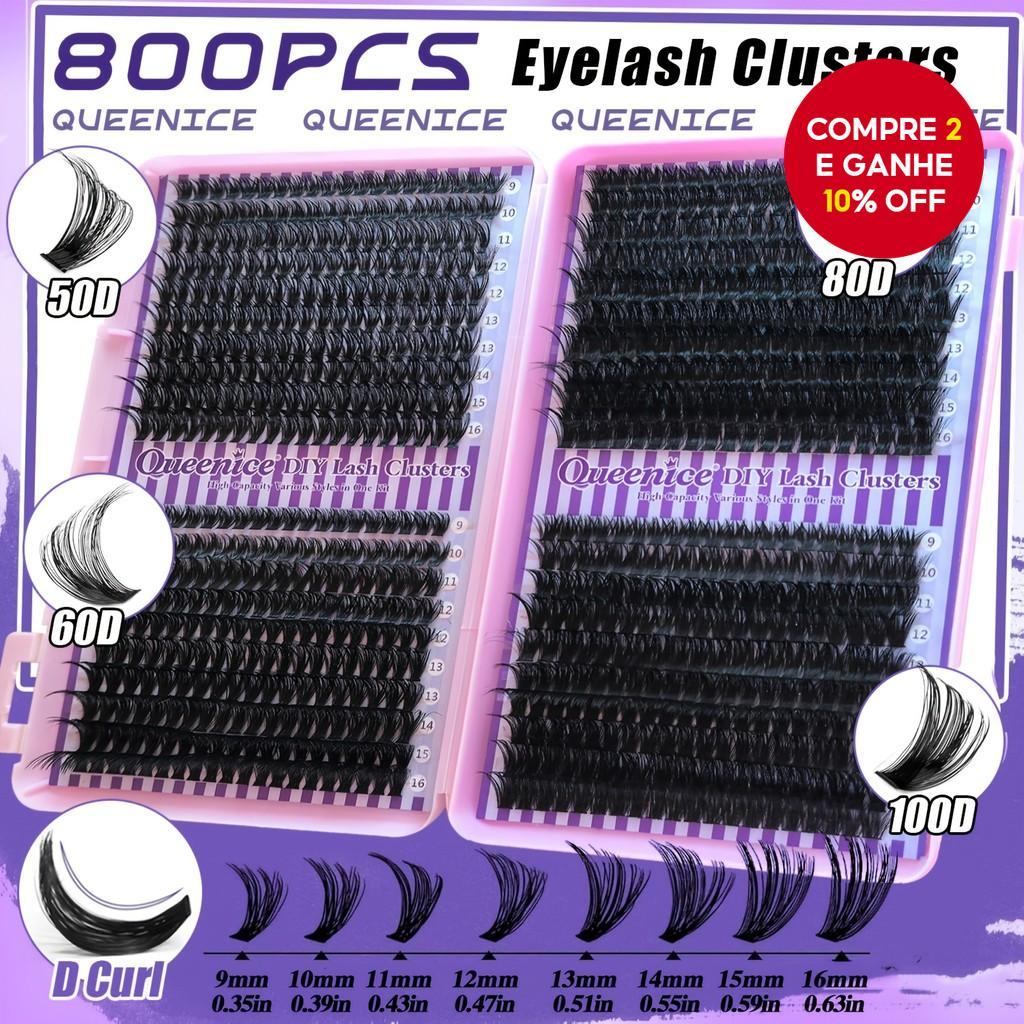 QUEENICE 800 Pcs Conjuntos De Cílios Autoadesivos-Kit Fofo D Curl 50D-100D Com Removedor E Pinça Para Férias Glam
