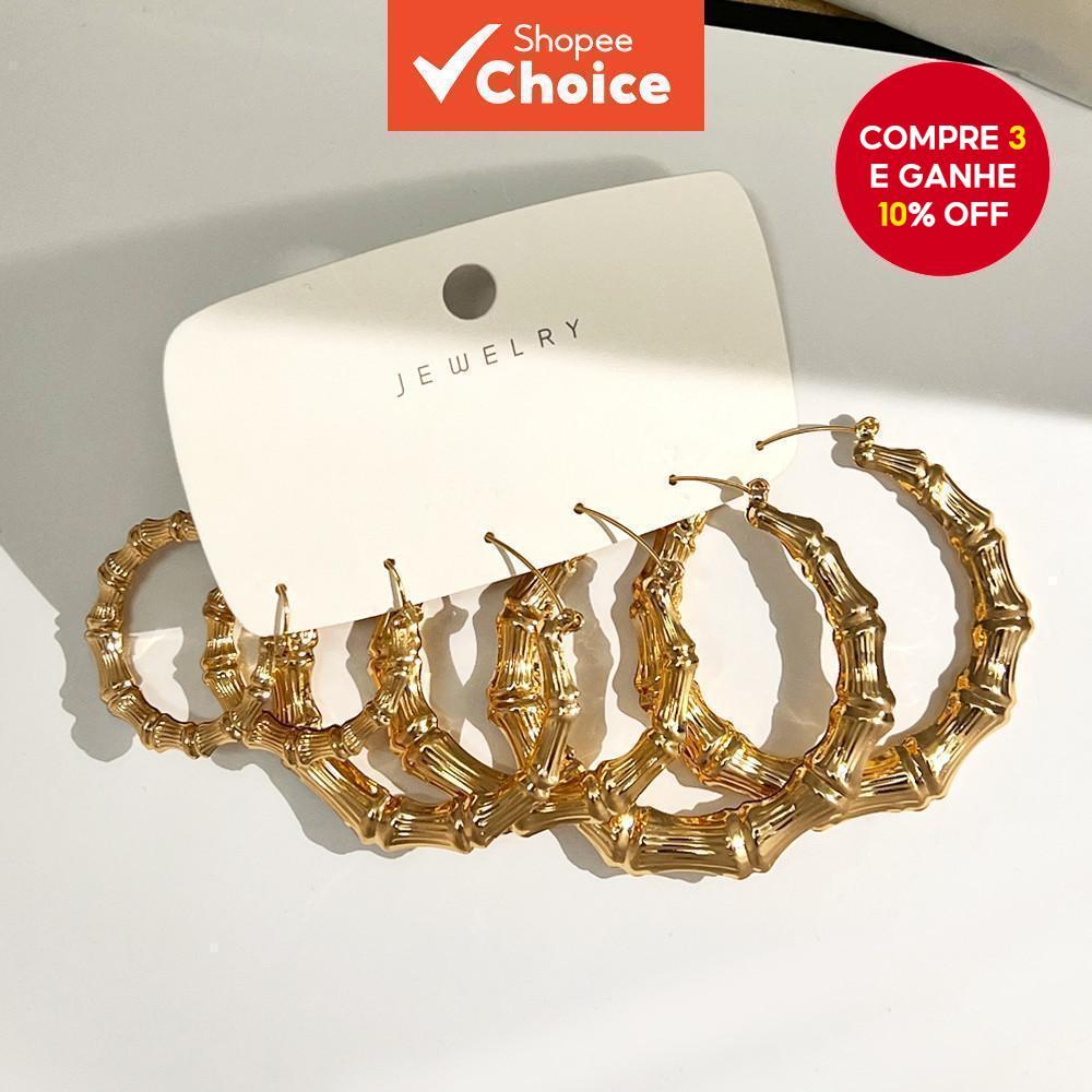 3 Pares de Brincos Argola de Metal Dourado para Mulheres Conjunto de Brincos com Padrão de Junta de Bambu Estilo em Oferta na Shopee