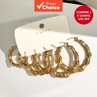 3 Pares de Brincos Argola de Metal Dourado para Mulheres Conjunto de Brincos com Padrão de Junta de Bambu Estilo em Oferta na Shopee