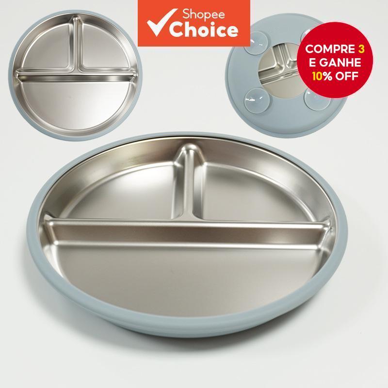 Prato de Sucção - Aço Inoxidável, Base de Silicone, Antiderrapante, Cinza Azul, Indestrutível Essencial para Refeições em Oferta na Shopee