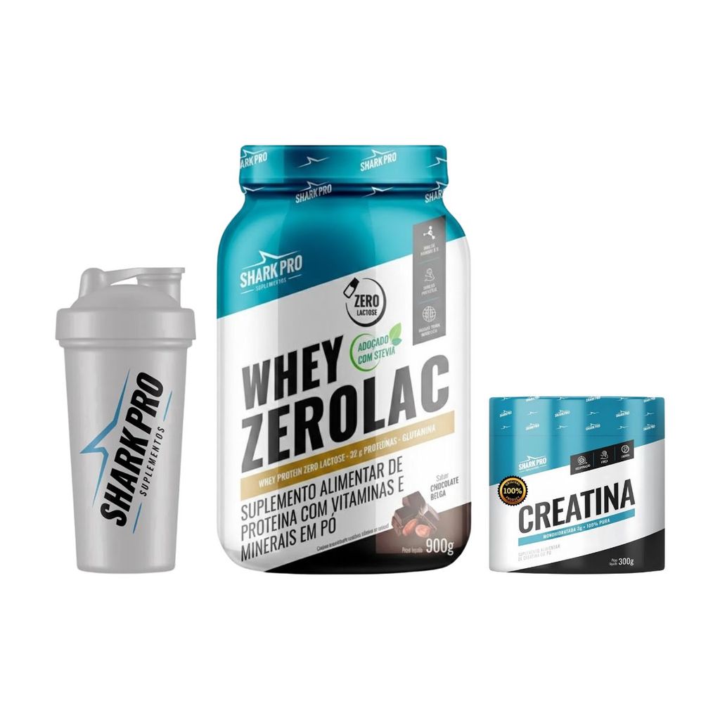 Mix Whey Protein ZeroLac Chocolate Belga 32g De Proteína Pote 900g + Creatina + Coqueteleira  Shark Pro