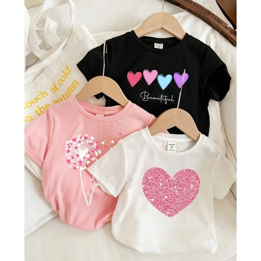 Kit 3 Camiseta Infantil Para Meninas 100% Algodão Fofa Modinha Estampa Coração Básica Para o Dia a Dia — imagem 1