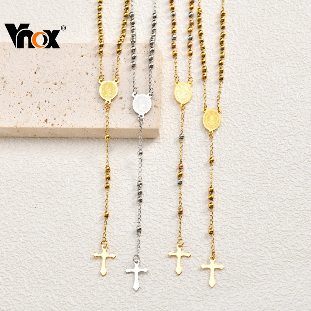 Vnox Rosário Virgem Maria Cruz Colar Religião Em Forma De Y Colares Grânulo Cruzes Para Mulheres Masculino Jóias Present