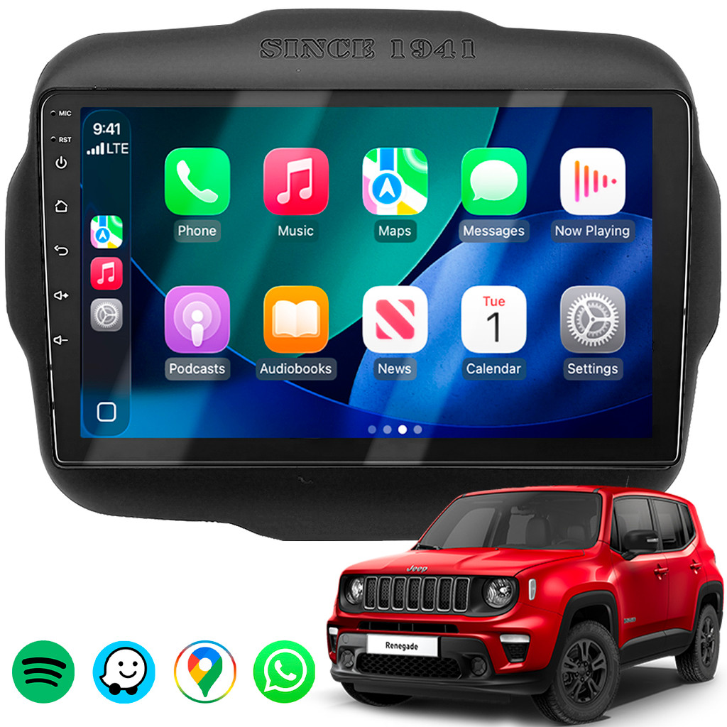 Kit Multimidia HTech 9 Pol Carplay Android Auto + Moldura Painel Dvd Jeep Renegade 2015 Preta Mp5