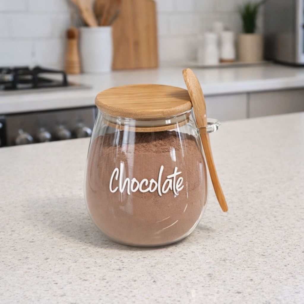 Pote Personalizado 750ml de Vidro com Colher e Tampa de Bambu