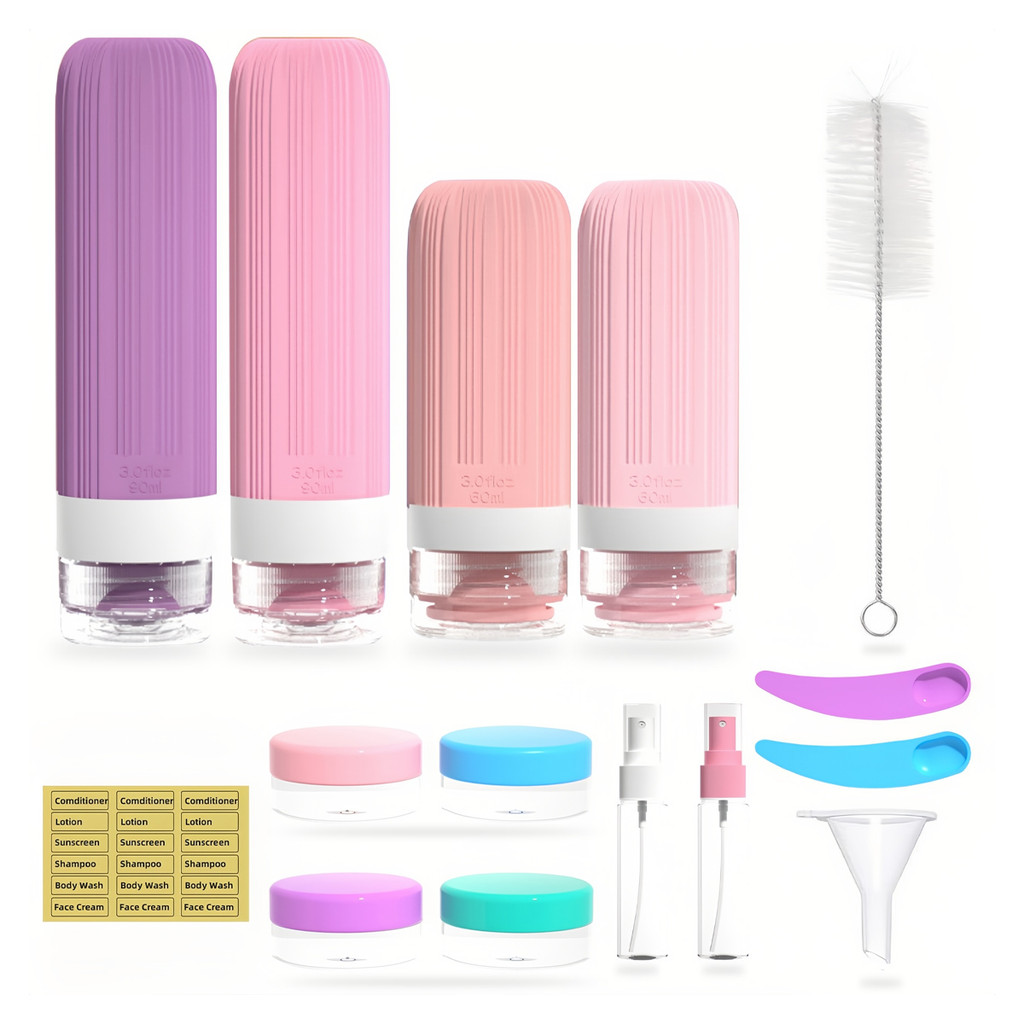 Kit Completo de Viagem com 16 Peças | Frascos Silicone 60ml e 90ml + Acessórios | Anti-Vazamento