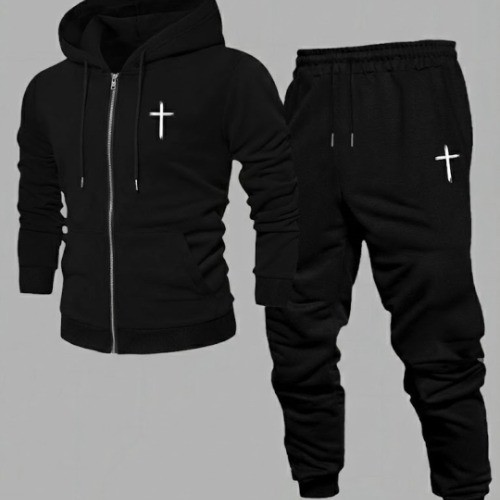 Conjunto Masculino Casual Esportivo Moletom Com Zíper e Capuz Detalhe Cruz
