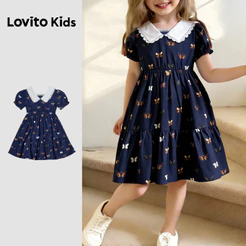 Lovito Kids Babado Vestido Casual Fofo de Renda Azul Marinho para Primavera/verão para Meninas Bordado L168LD185
