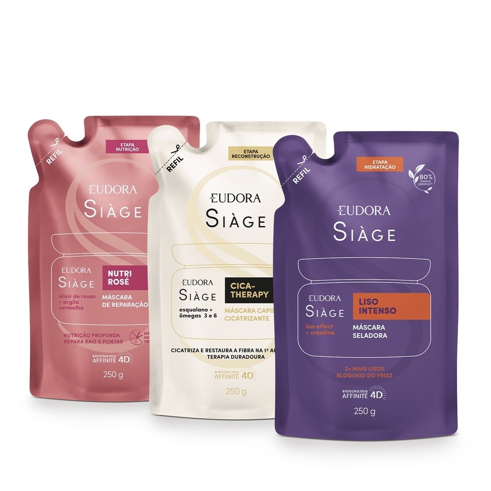 Combo Siàge Máscaras: Refil Liso Intenso 250g + Refil Nutri Rosé 250g + Refil Cica-Therapy 250g