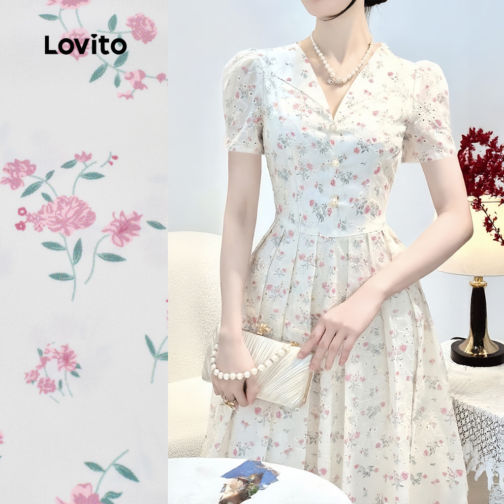 Lovito  Vestido Elegante Plissado Flores Pérolas Primavera/verão para Mulheres L172ED1603 em Oferta na Shopee