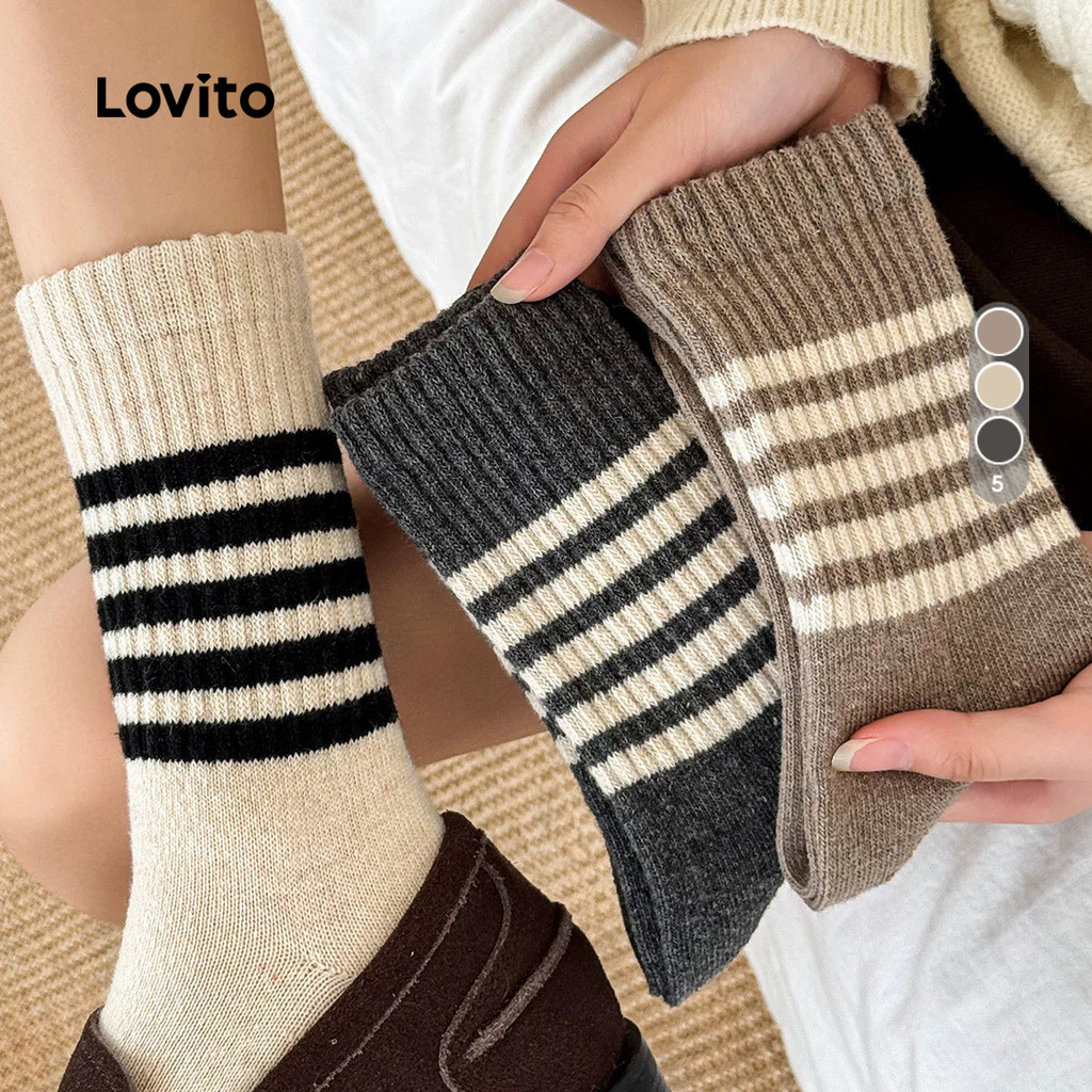 Lovito 5 Pares Meias Listradas Vintage Algodão Malha Respirável LNE130048 em Oferta na Shopee