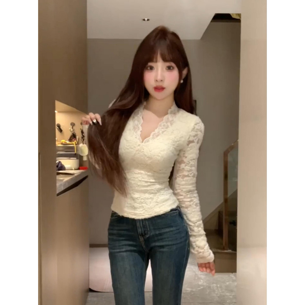 Puro desejo estilo branco com decote em v camisa de renda de manga comprida feminina outono novo estilo camisa de fundo
