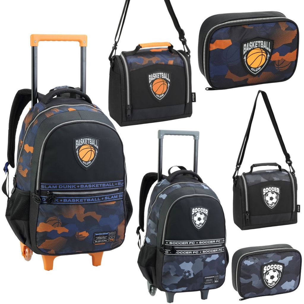 Kit 3 Pçs Material Escolar C/ Mochila com Rodinhas Lancheira Térmica Estojo Temático Gamer Alças Reforçadas