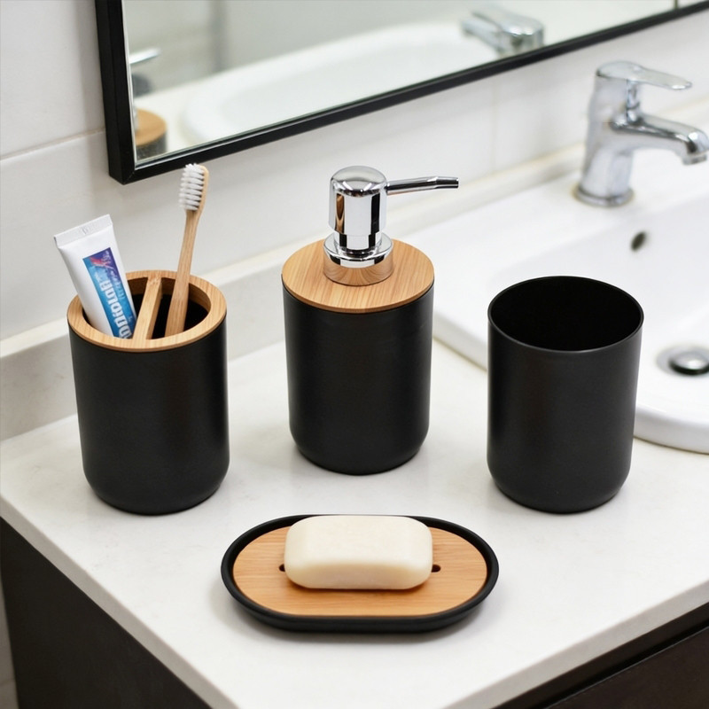 Kit Para Banheiro Com 4 Peças Lavabo Luxuoso Preto ou Branco Com Bambu fosco Moderno e  Muito Elegante
