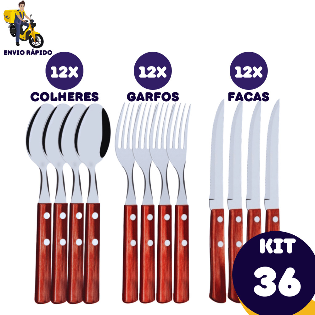 Kit  Faqueiro 36 Peças Jogo de Talher 12 Colheres 12 Garfos 12 Facas de Inox com Cabo de Madeira Faqueiro Jogo Conjunto em Oferta na Shopee