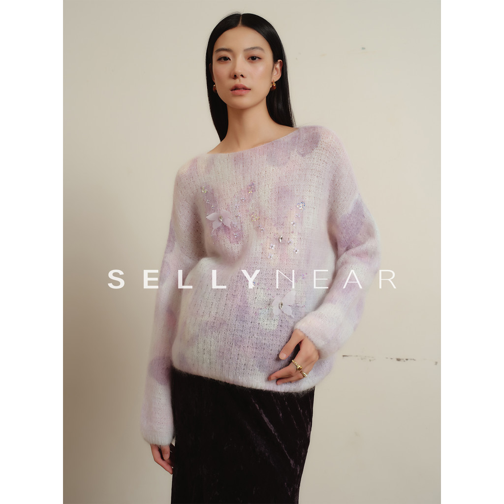 SELLYNEAR Suéter solto para maternidade 2025 Novo estilo feito à mão com contas e manchas suaves Mohair Top de inverno