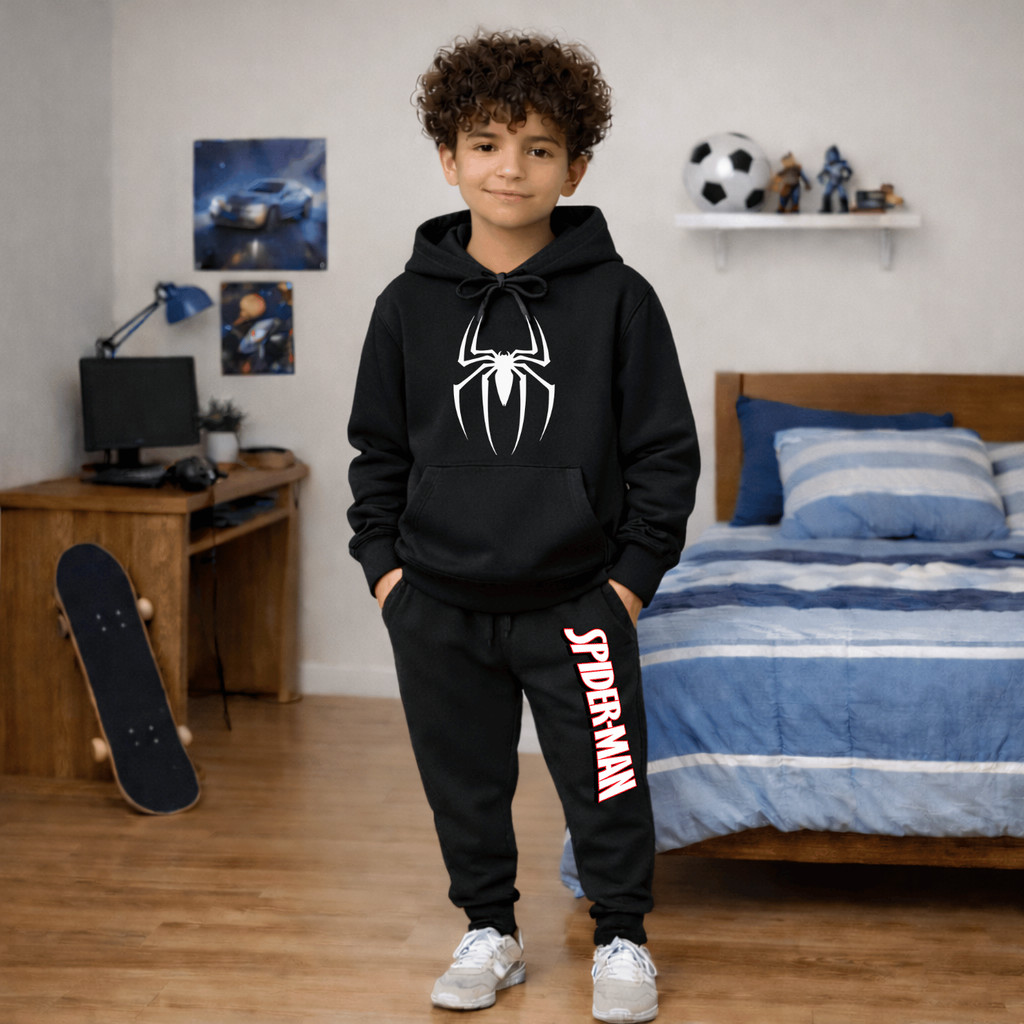 Conjunto Blusa Moletom Infantil Canguru e Calça Jogger Spider Man Herói Homem Aranha  Blusão Casaco