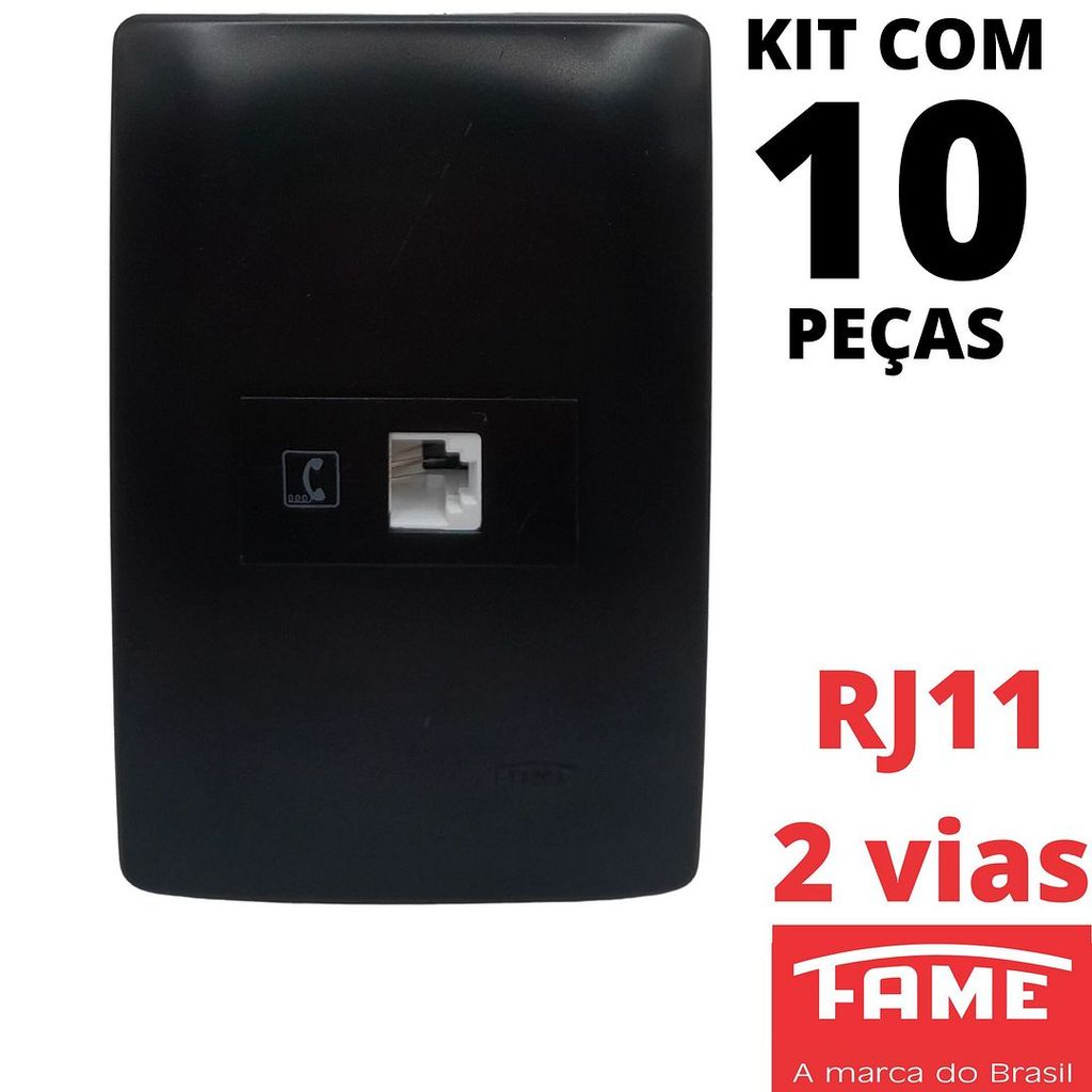 10un Tomada Telefone Interfone RJ11 2 Vias Com Placa 4x2 Habitat Black Preto FAME