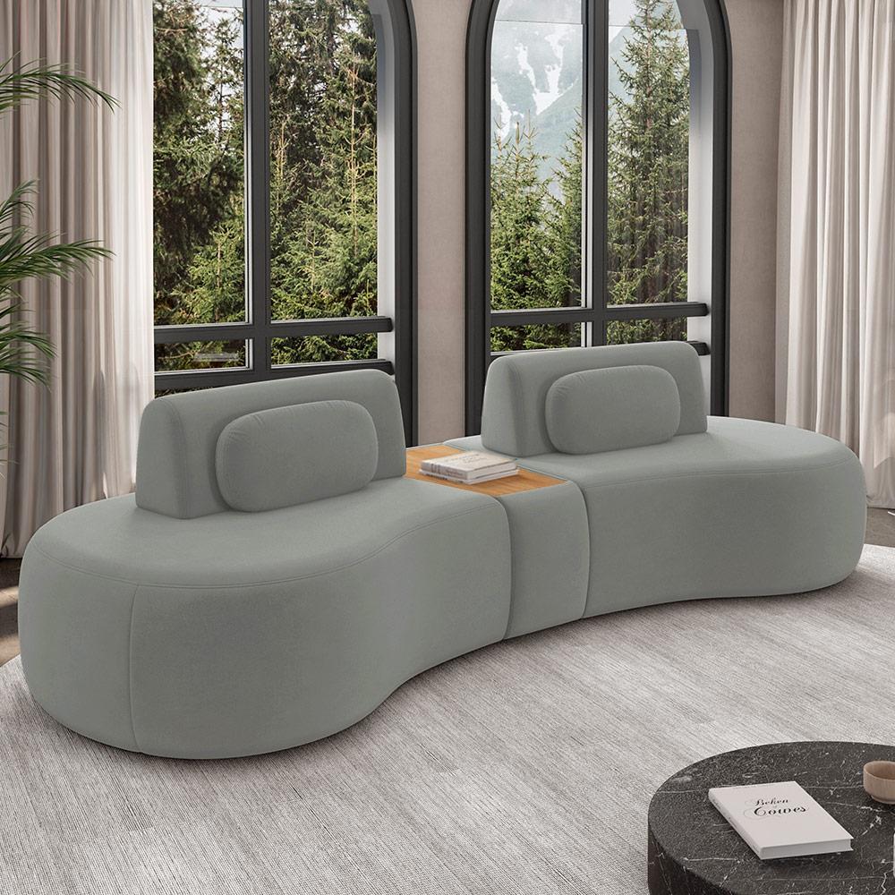 Imagem Sofá Sala de Estar Modulado França 302cm com Encosto Articulável Mesa Central e Almofadas Veludo Cinza G45 - Gran Belo