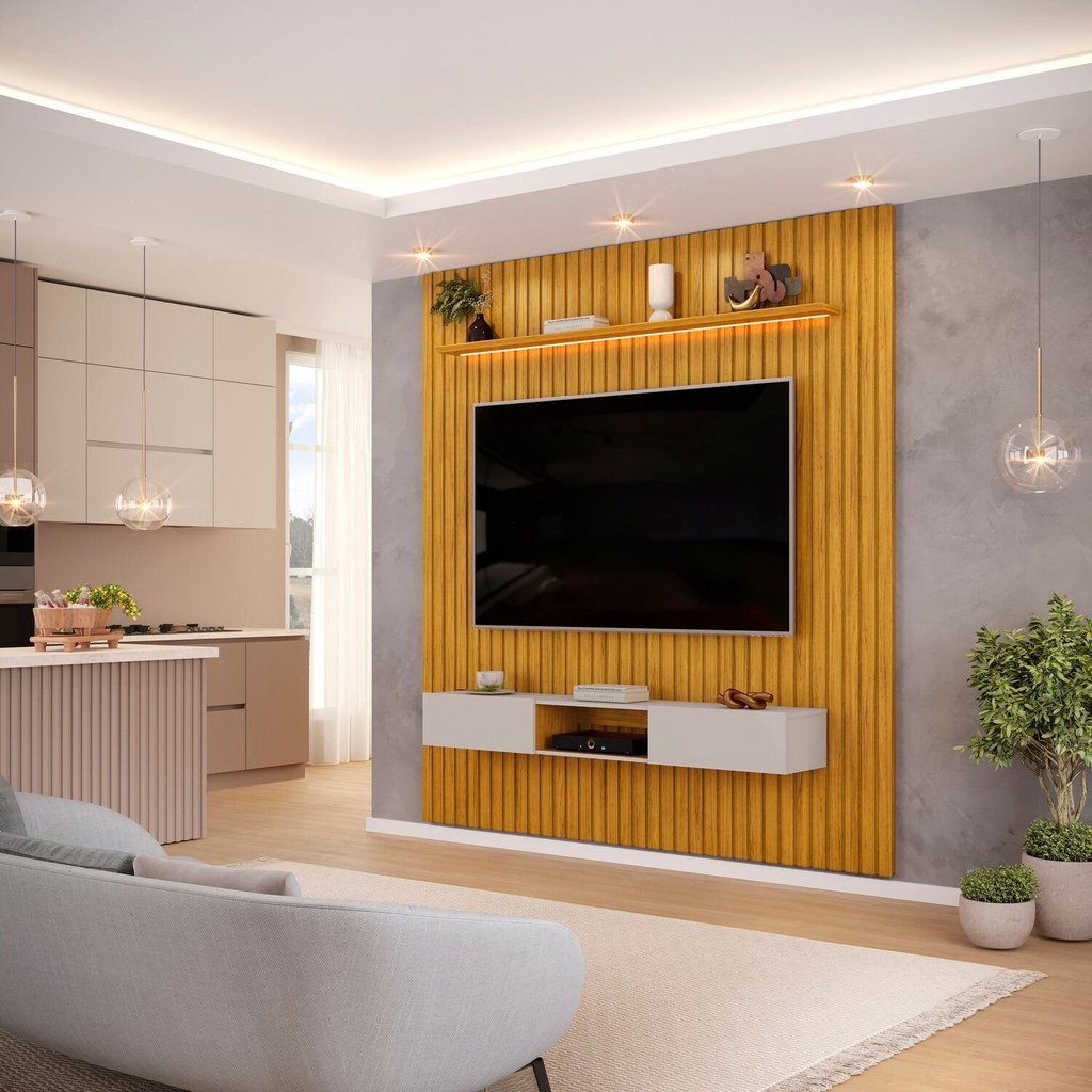 Painel Ripado para TV até 60 Polegadas com MDF 223cmx240cm Led Trento Marrom Cedro/Bali Cedro/Bali