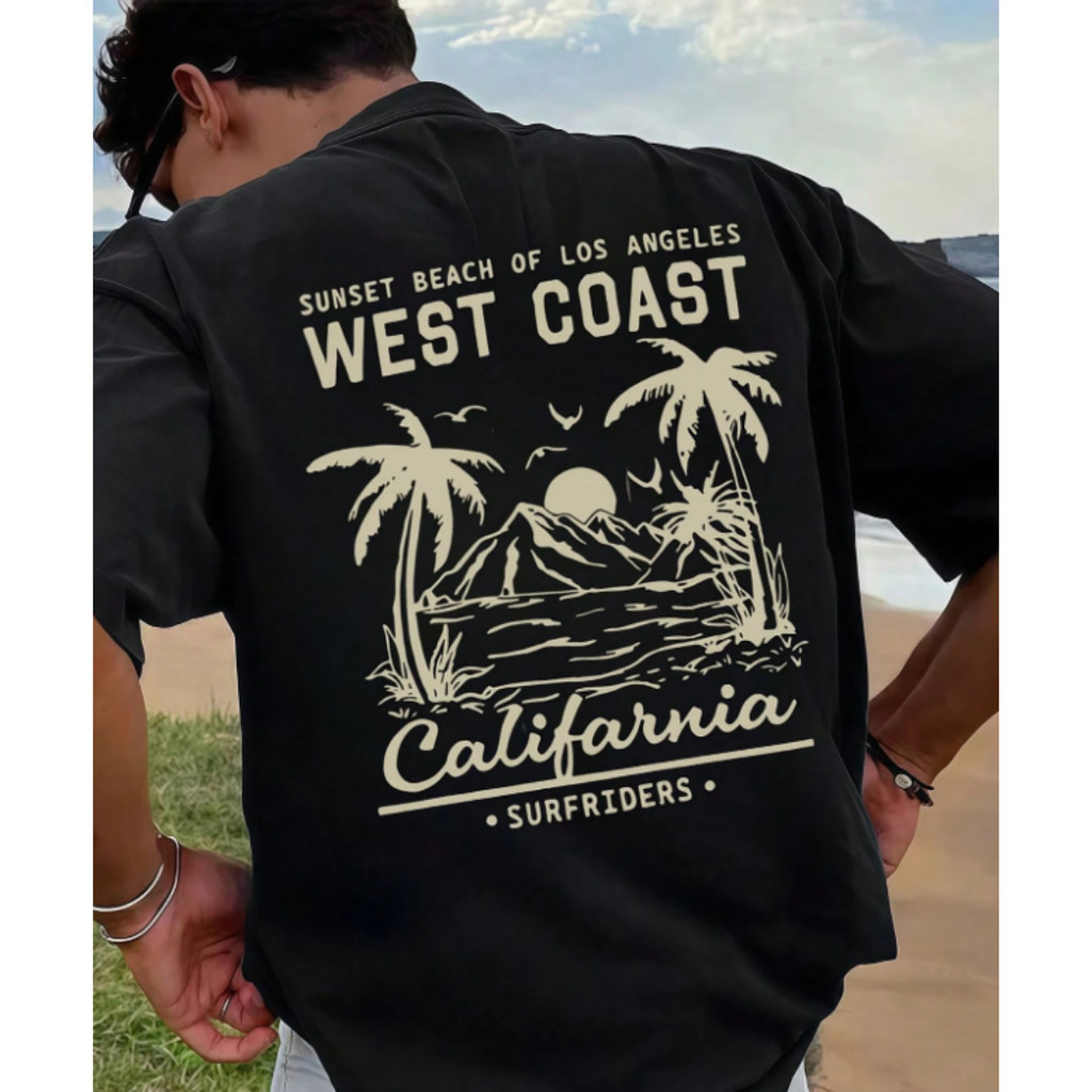 Camiseta Masculina Oversized De Algodão Com Estampa Temática De Praia Da "Costa Oeste Da Califórnia" Street style