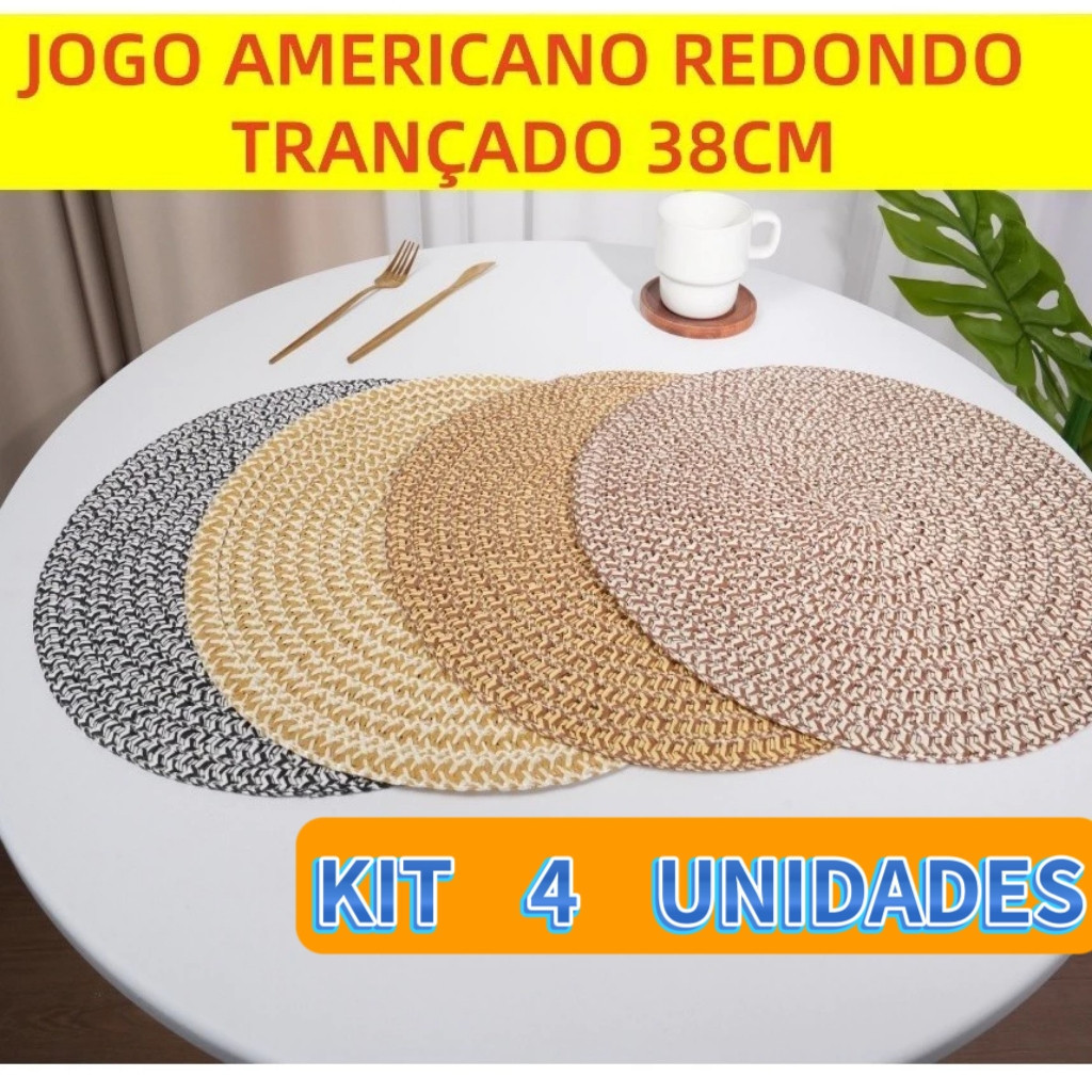 Jogo Americano Redondo 38cm Trançado Artesanal Descanso Mesa Jantar Chique Kit 4 Un Rústica