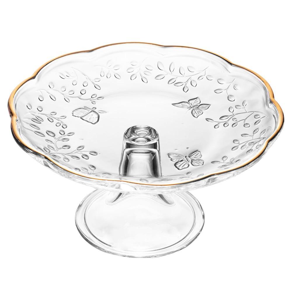 Prato para Bolo com Pé New Butterfly 19cm Fio de Ouro Cristal Ecológico Lyor Doces Bolos Sobremesas Mesas Posta Elegante