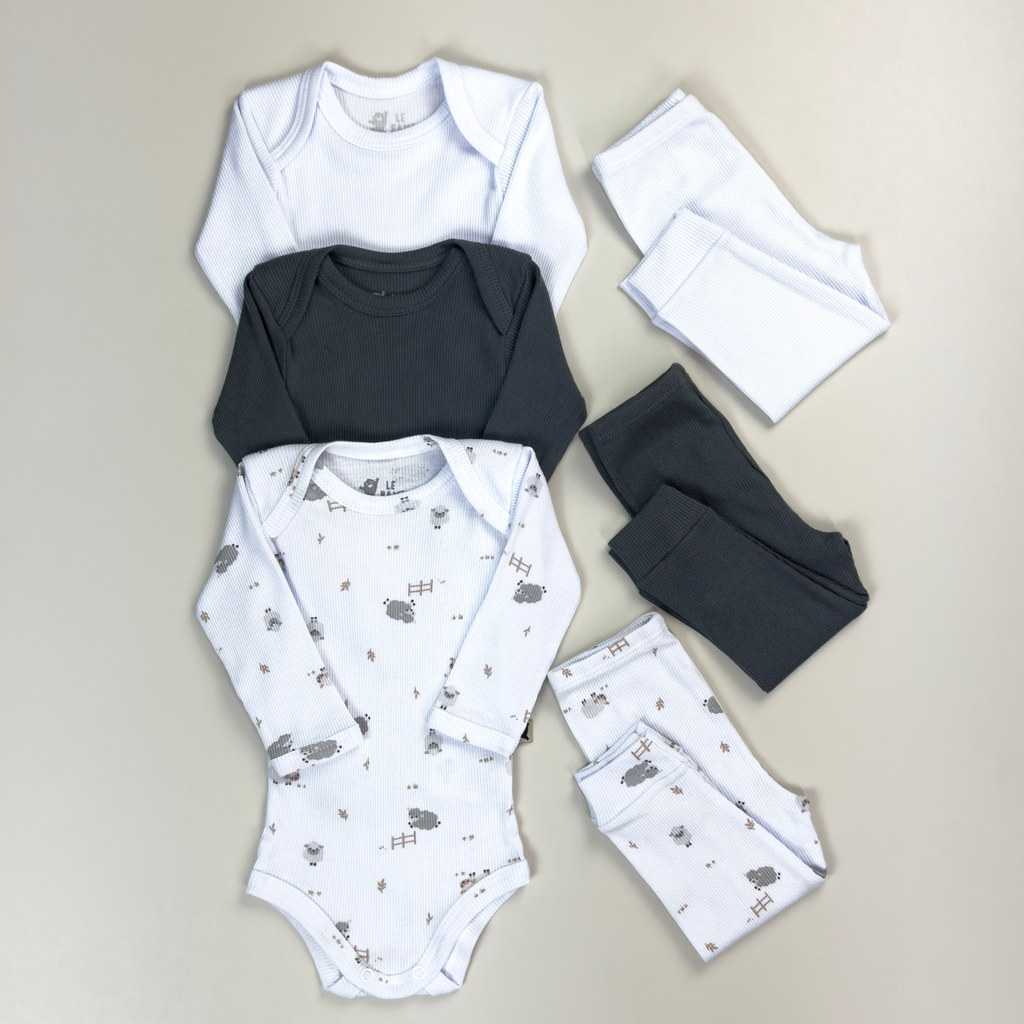 Kit Enxoval Essencial Neutro - Body e Calça Bebê 6 Peças 100% Algodão Premium