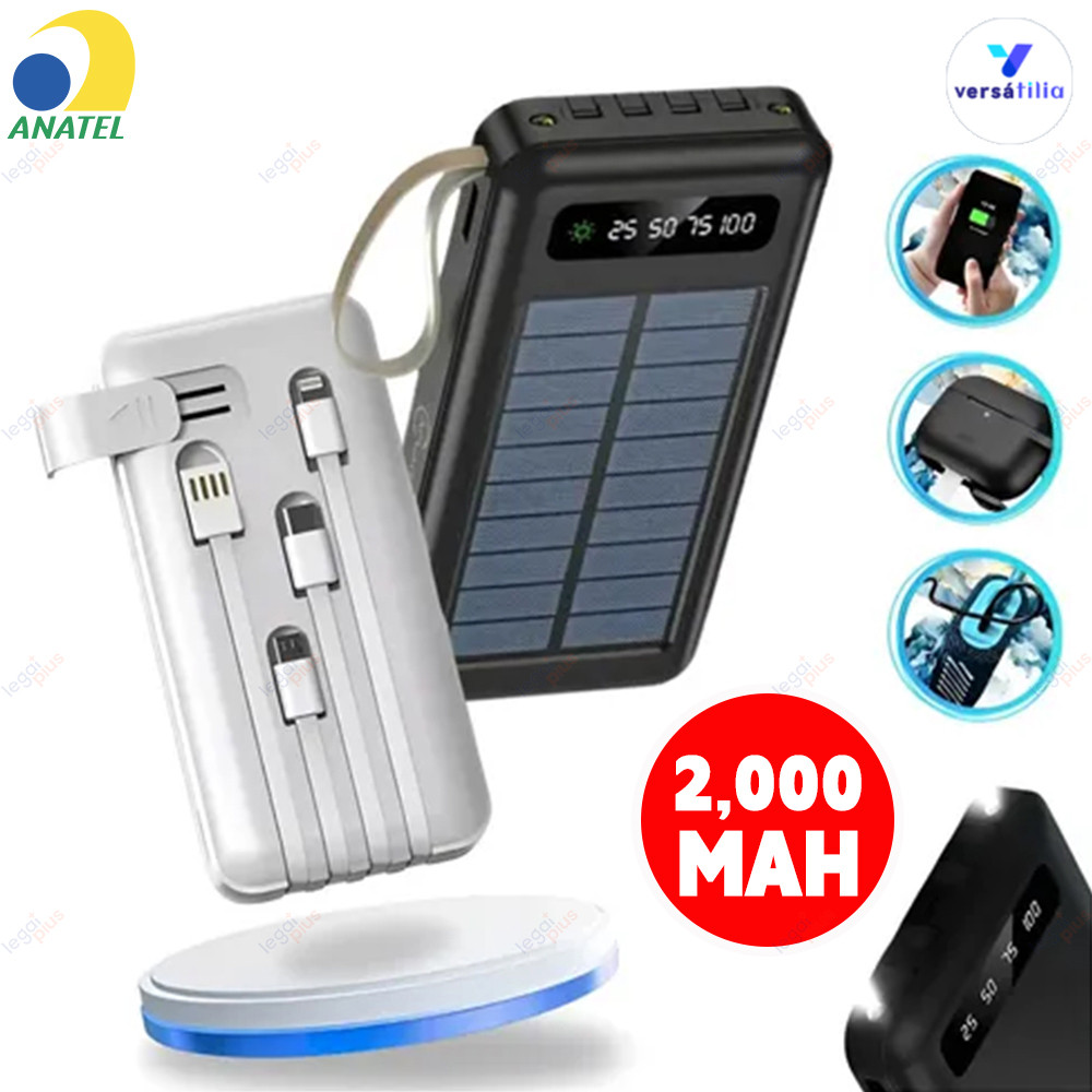 Carregador Portátil Solar 20000mAh Alta Capacidade com Cabos Embutidos e Lanterna LED
