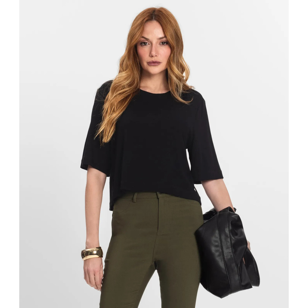 Blusa Feminina Manga Curta em Molecotton Endless Preto em Oferta na Shopee