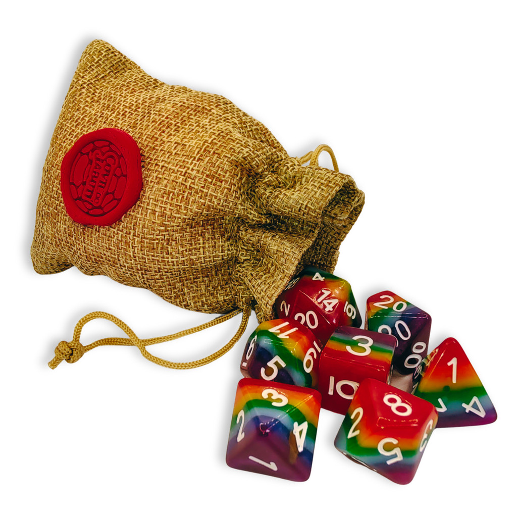 Kit 7 Dados RPG Rainbow D&D D4 D6 ... D20 Arco-Iris + Bolsa