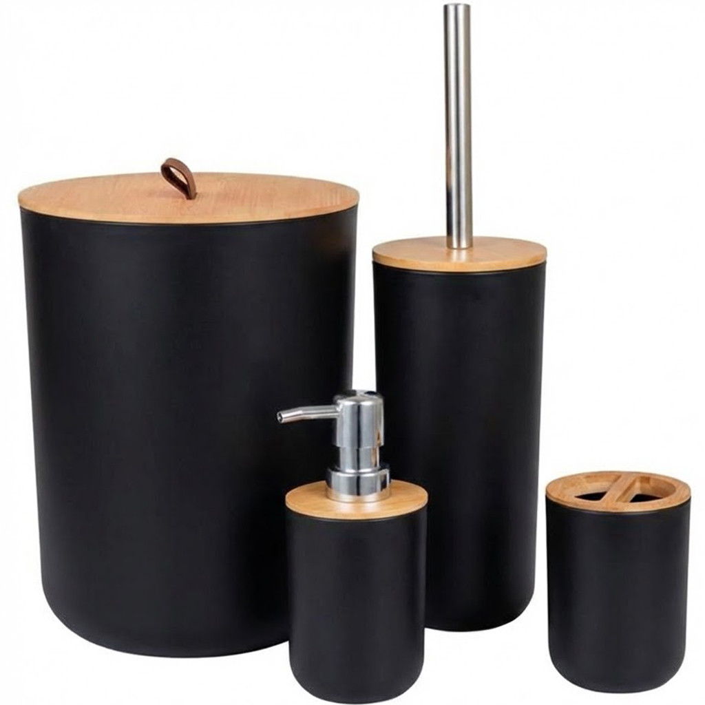 Kit Banheiro Conjunto Acessórios Lavabo Bambu 4 Peças Lixeira Dispenser Porta Escova Sanitária Tippi em Oferta na Shopee