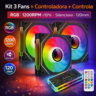 Kit 3 Fans RGB 120mm Aitek Delta C1263P com Hub SATA e Controle Remoto 6 Pinos