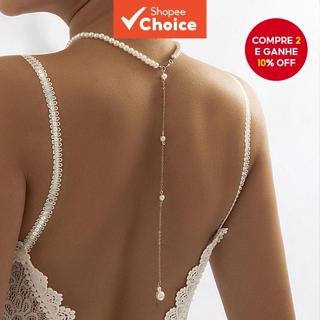  Colar simples de pérolas sintéticas com costas abertas, corrente corporal, colar feminino简约仿珍珠项链露背后背链 身体链back em Oferta na Shopee