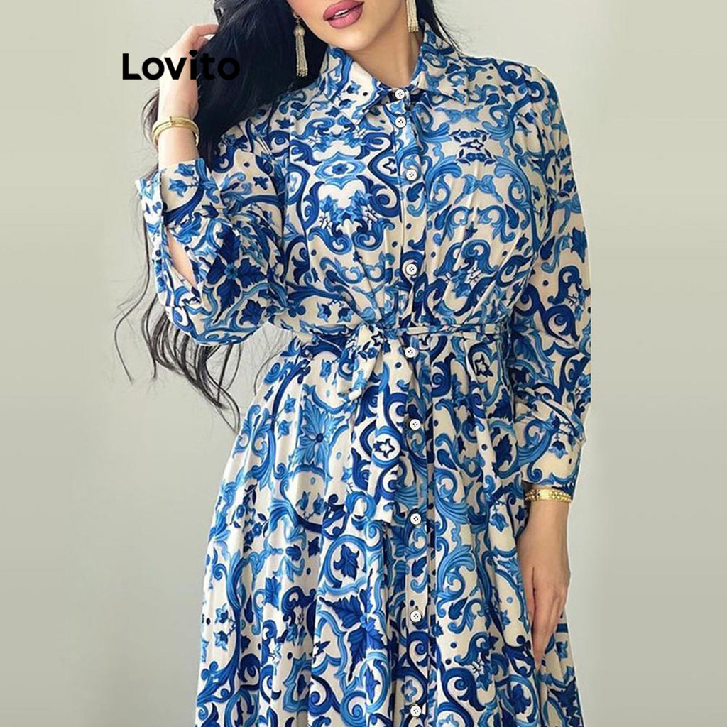 Lovito Vestido Casual Vestido Listrado Com Botões Para Mulheres LNL69228 em Oferta na Shopee