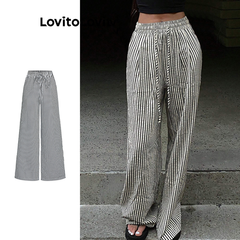 Lovito Calça Casual Listrada Com Cadarço Para Mulheres L99ED877 em Oferta na Shopee