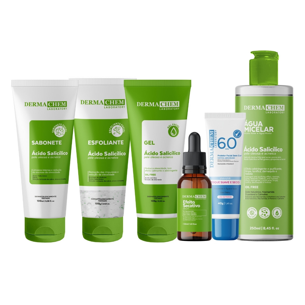 Kit Skin Care Limpeza Controle Peles Oleosas e Tratamento de Acne Dermachem Completo com Protetor Solar