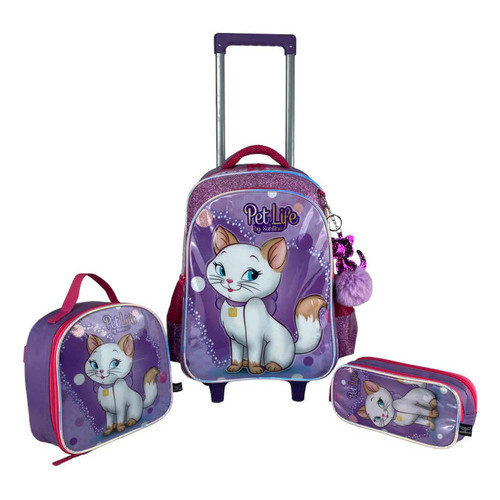 Kit Mochila Escolar Lancheira Estojo Meninas Gatinha Mia Infantil Santino