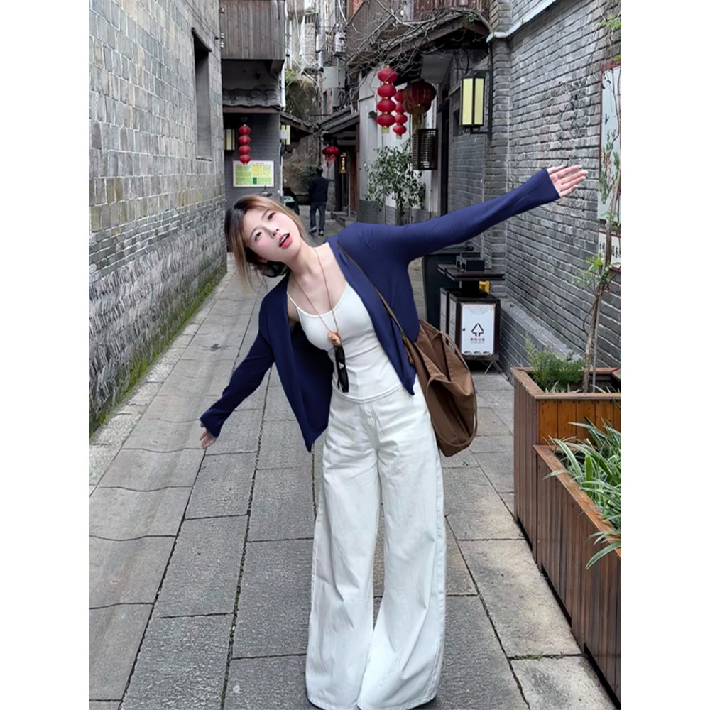 Cardigan protetor solar azul marinho com estilingue blusa externa pequena jaqueta de verão azul marinho estilo fino 2026