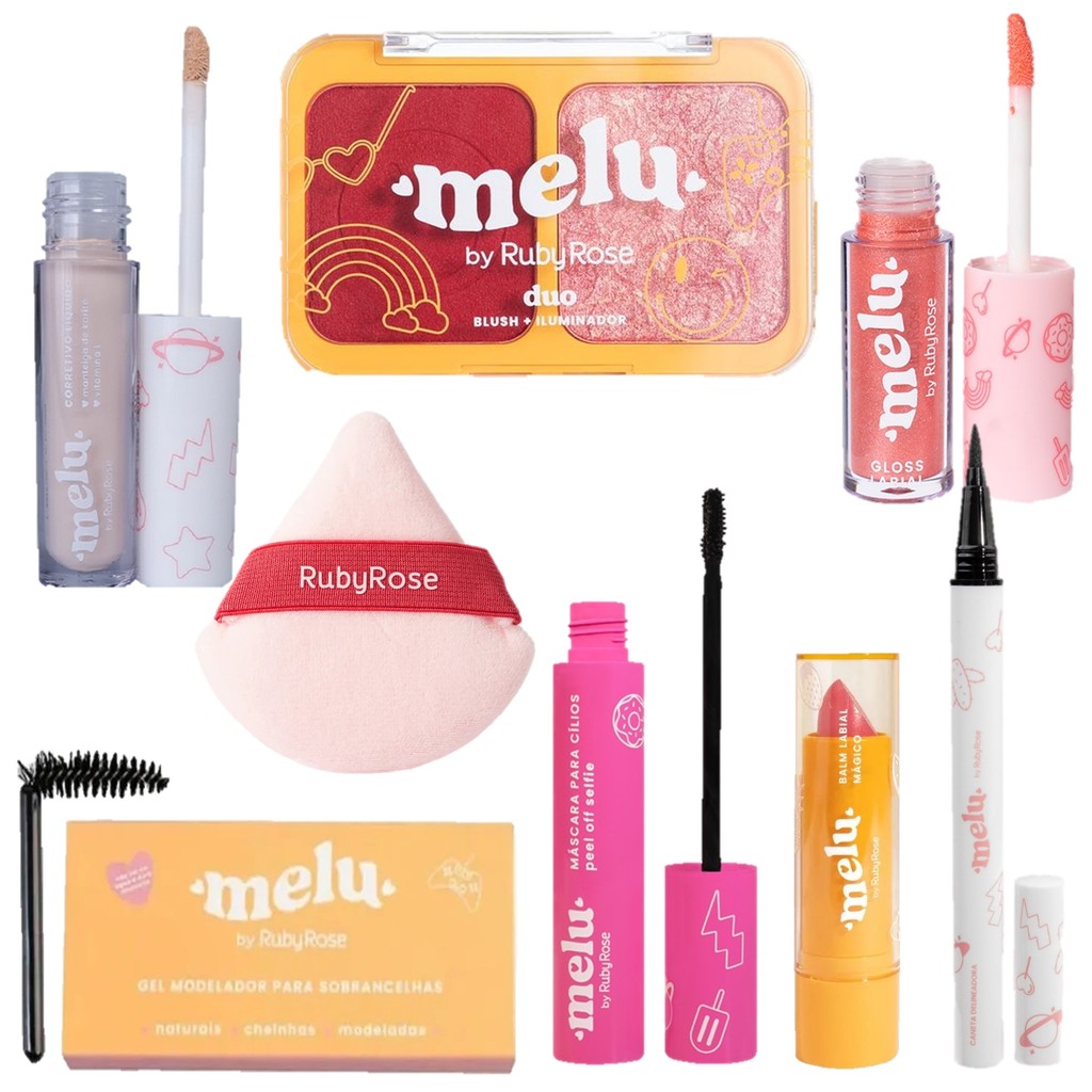 Kit Maquiagem com Corretivo Blush Iluminador Máscara para Cílios Delineador Gloss Melu