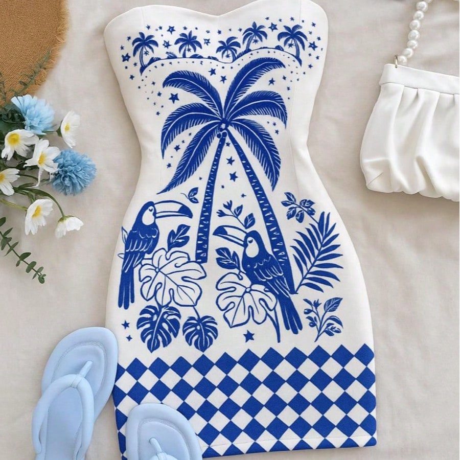 Vestido Ajustado Estampa Tucanos e Palmeiras Estilo Praia Primavera e Verão Férias Copa Do Mundo 2026