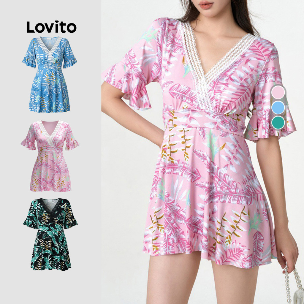 Lovito  Maiô Boho de Uma Peça Tecido com Costura Padrão Requintado Maiô Rosa Feminino para Primavera/Verão. LNE134054 em Oferta na Shopee