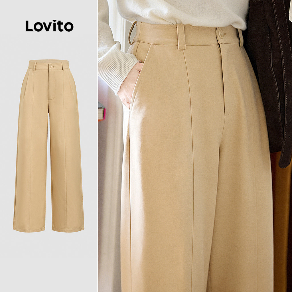 Lovito  Calça Casual com Botão, Textura, Calça Khaki Feminina para O Trabalho L173AD165 em Oferta na Shopee