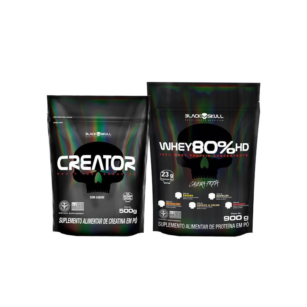 Combo Whey 80% HD + Creatina Creator - 500g - Black Skull em Oferta na Shopee