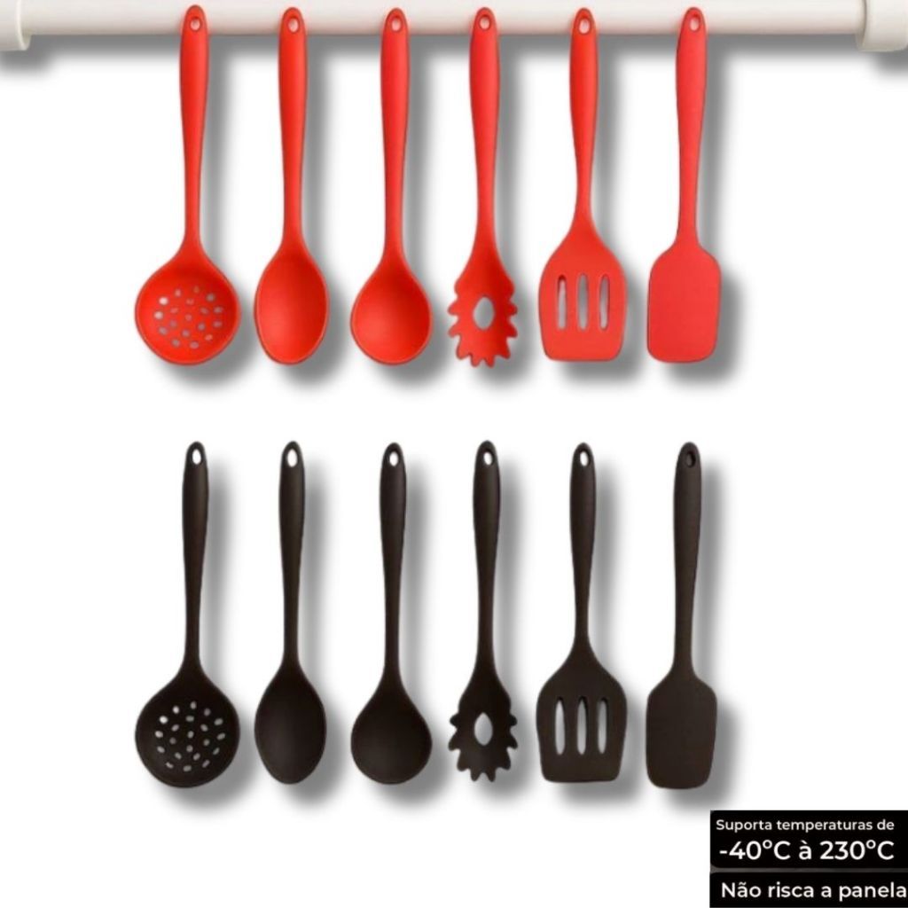 Kit 6 Utensílios p/ Cozinha de Silicone Colher Espátula Concha  Antiaderente Preto e Vermelho