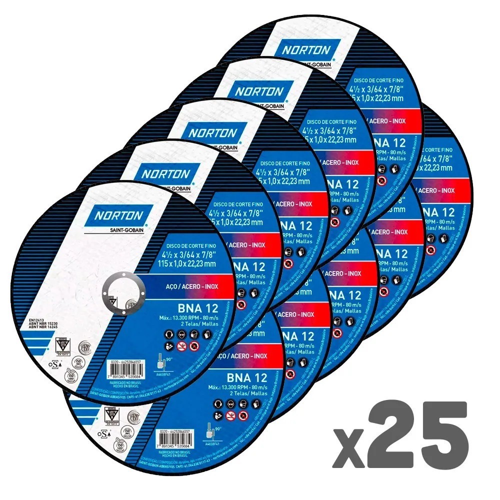 Kit 25 Discos de corte metal e inox 4.1/2x3/64x7/8pol Norton