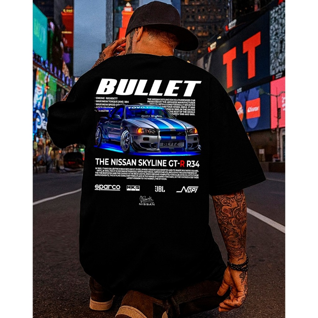 Camiseta Streetwear Masculina Oversized Bullet Sky R34 Estampada Carro Algodão