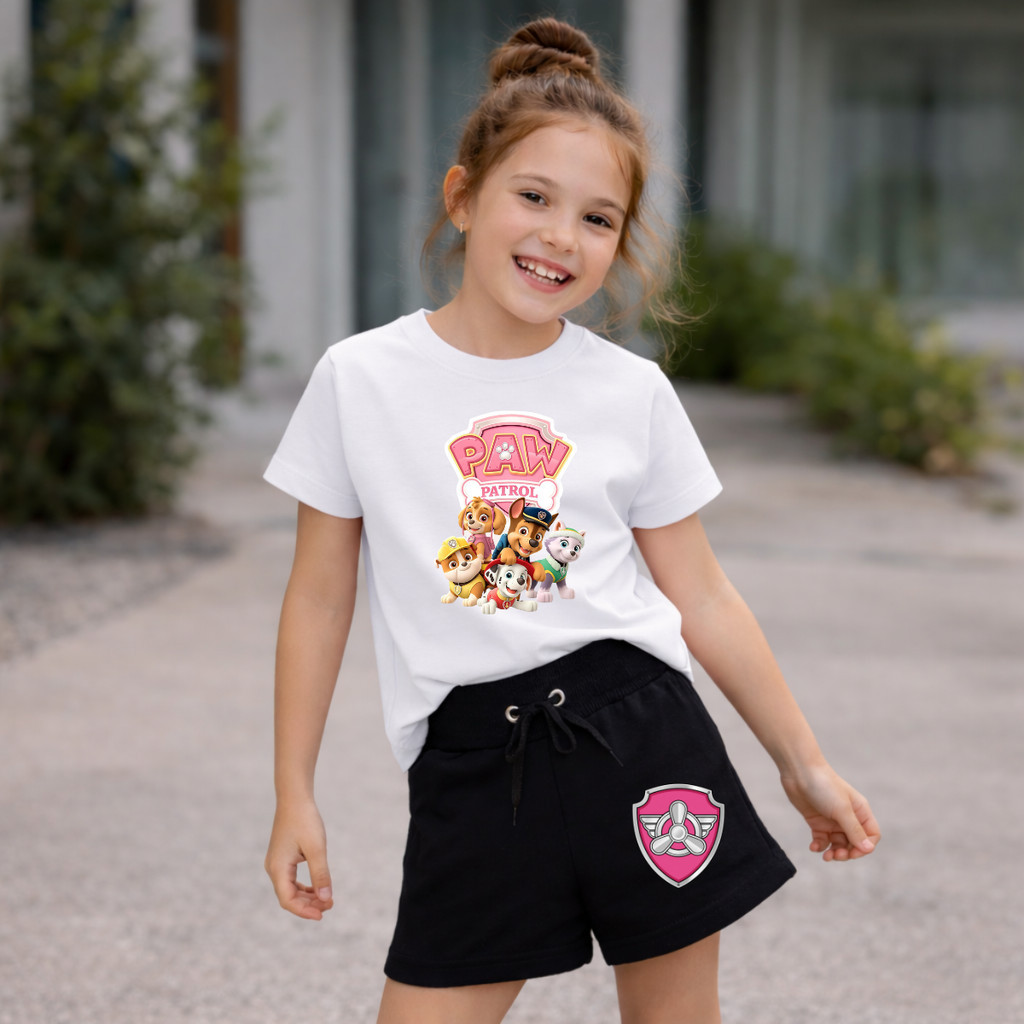 Kit Infantil Menina Camiseta + Short  Patrulha Canina em Ação