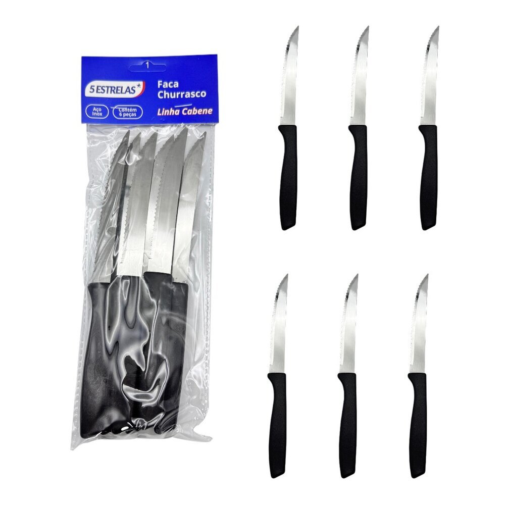 Kit 6 Facas Churrasco Cabene Inox Cabo Plástico Preto Mesa Carne Prática Durável Conjunto