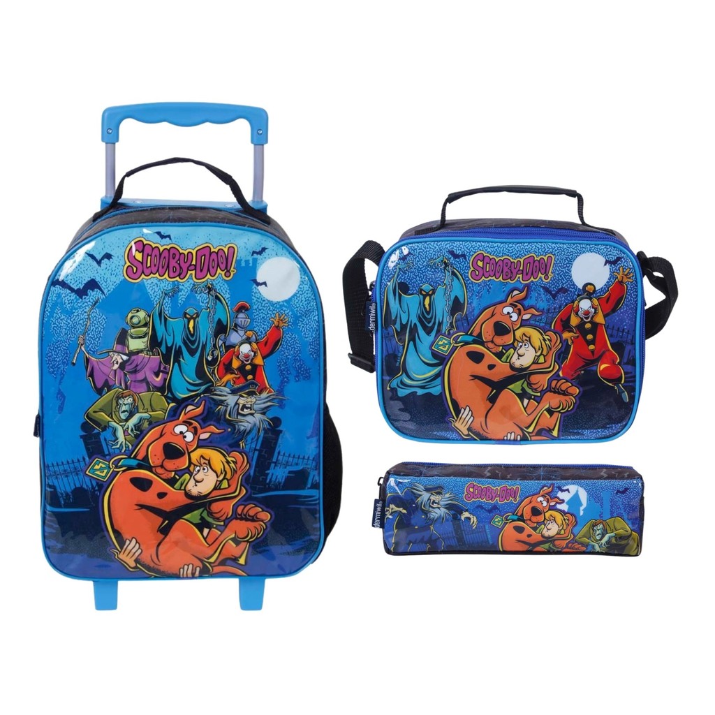 Kit Mochila Escolar de Carrinho Infantil + Lancheira + Estojo Dermiwil Scooby Doo